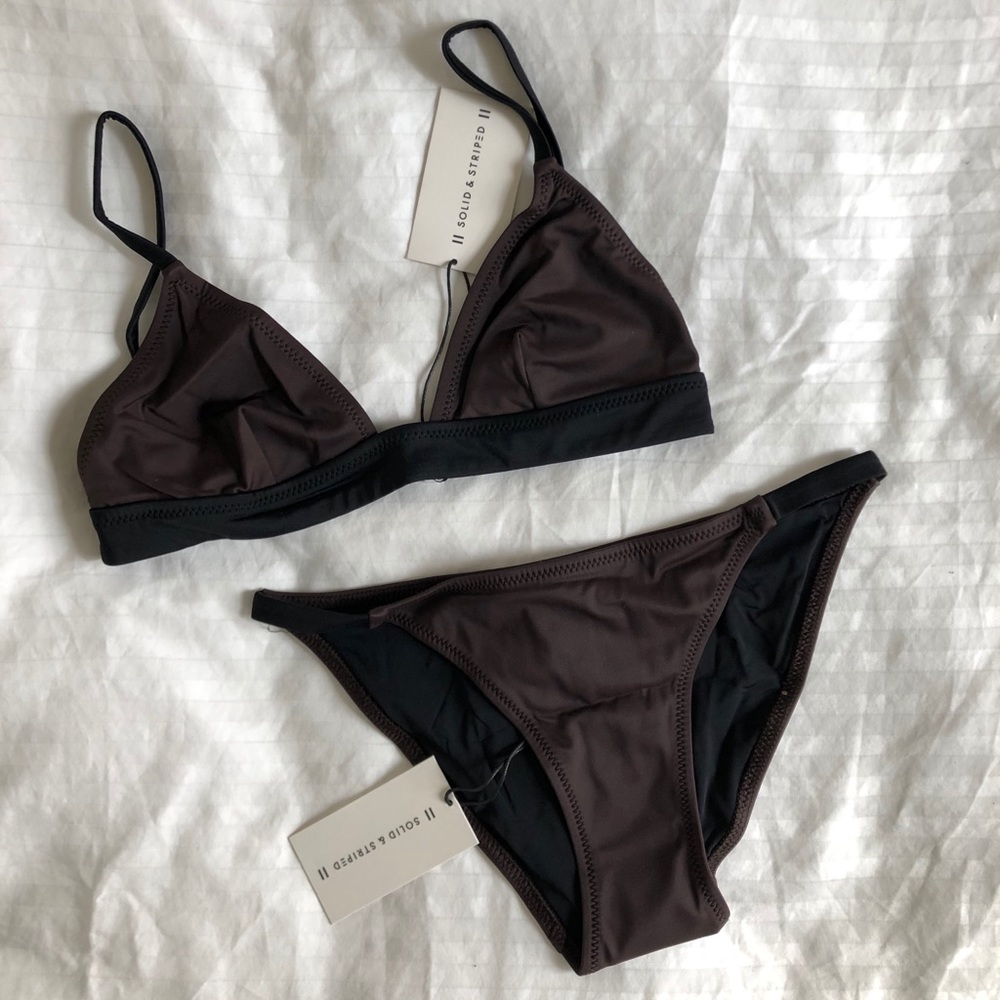 SOLID & STRIPED Dark Brown Triangle Bikini Set